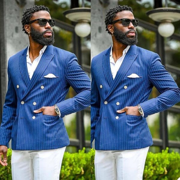 

men's suits & blazers blue stripe jacket white pant costum homme men groom tuxedos terno masculino prom blazer for man 2 pieces jacket+, White;black