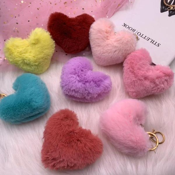 

lovely heart keychains women's poms faux rex fur ball chains girl bag hang car key ring pendant llaveros, Silver