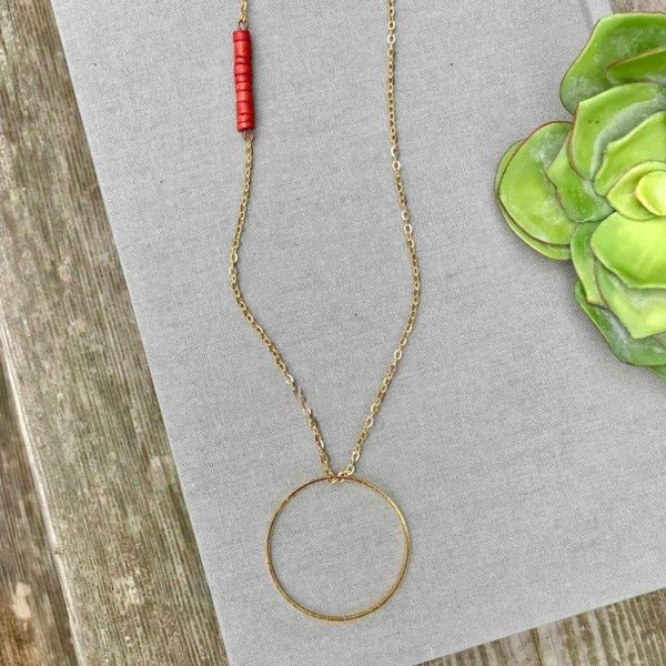 

chains nm11587 long gold necklace with loop circle charm minimalist dainty boho jewelry red coconut heishi wood beads rust color bead, Silver