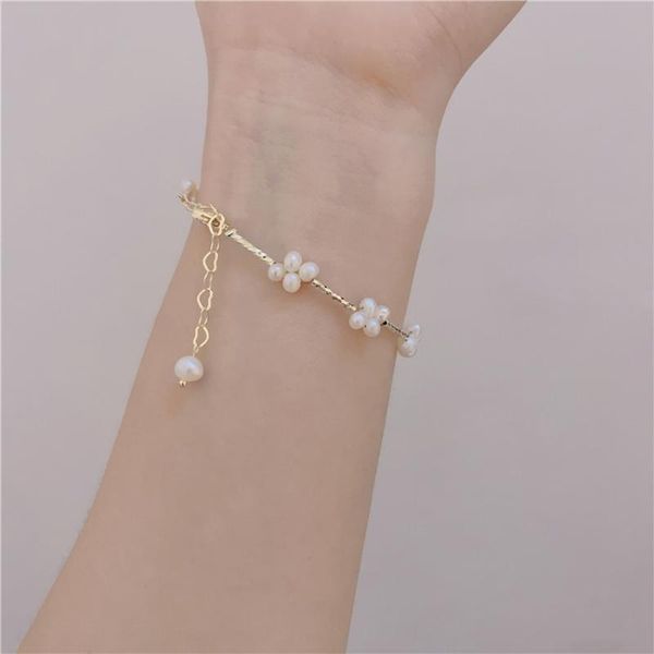 

link, chain trendy jewelry natural freshwater pearls bracelet sweet korean temperament one layer golden plating women for girls, Black