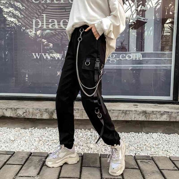 

men cargo harajuku chain women pant pockets ankle trousers high waist hip hop punk black harem streetwear, Black;white