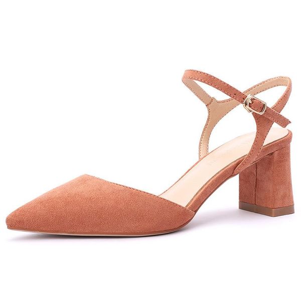 

seller - women sandals flock buckle strap 6.5cm thick high heels pointed toe shallow back shoes size 35-40, Black