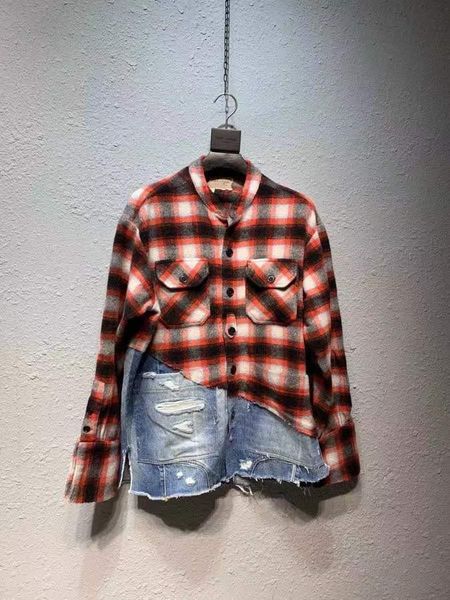 Herren-Hemd, rot, kariert, Flanell, Patchwork, Denim, Distressed-Stil, Oversize-Passform, Freizeithemden für Herren