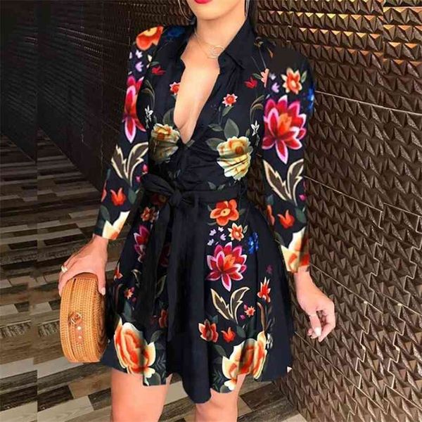 

autumn chain printed shirt dress women streetwear fashion party elegant turn-down collar slim waist button mini dresses 210517, Black;gray