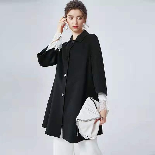 

women's wool & blends lady's medium length double-sided woolen coat with short lapel and three-quarter sleeves, Black