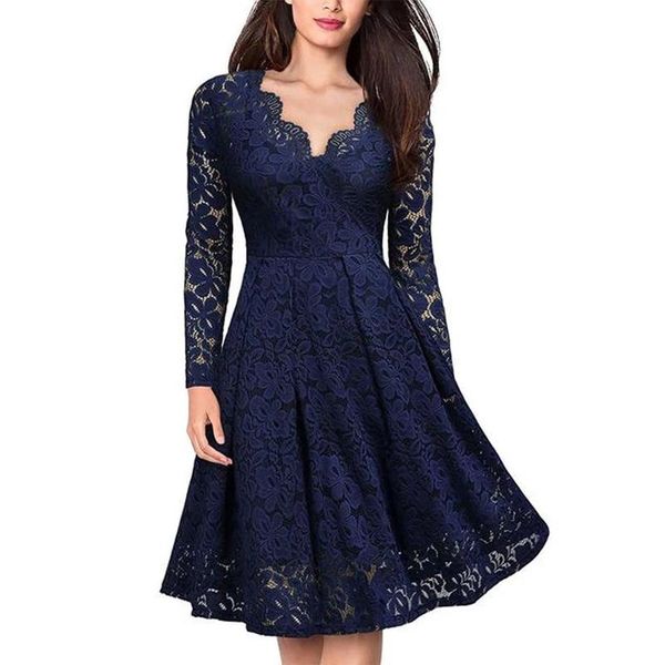 

casual dresses vintage lace solid color party women dress 2021 elegant long sleeve v-neck vestidos robe femme plus size, Black;gray