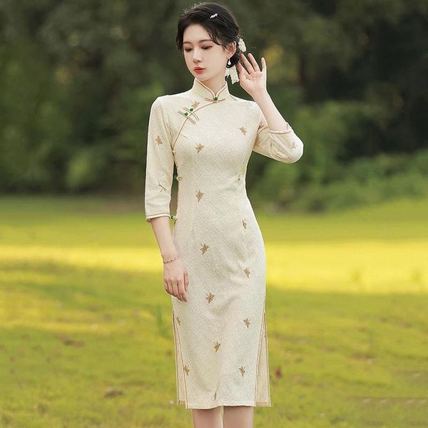 

ethnic clothing chinese short split dress gown female autumn cheongsam mandarin collar qipao plus size 3xl knitted banquet vestidos, Red