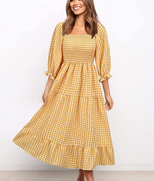

casual dresses plaid woman dress autumn petal sleeve square collar long three quarter mid-calf ruffle for women 2021, Black;gray