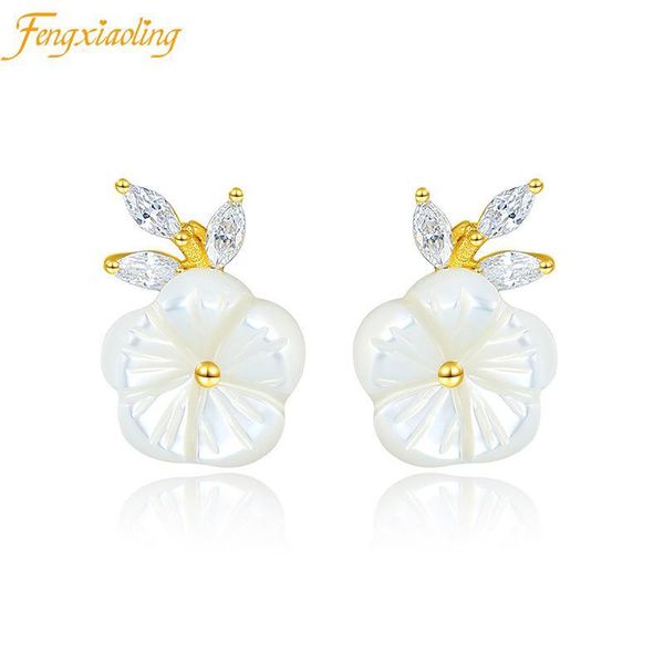 

stud 14k gold plated fritillaria flower zircon leaves earrings for women 925 sterling silver retro luxury wedding fine jewelry, Golden;silver