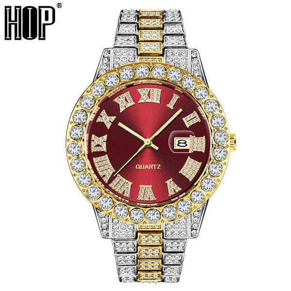 

hip hop full ice out waterproof red brand luxury 18k gold analog quartz for women men watch, Slivery;brown
