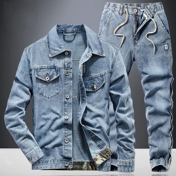 

men's tracksuits autumn safari style denim coat men sets streetwear bomber long sleeve cowboy jacket cargo pants light blue two piece s, Gray