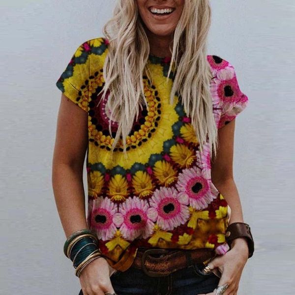 

women's t-shirt women short sleeve 2021 summer flowers print ladies tee round neck female casual pullover vintage street wear, White