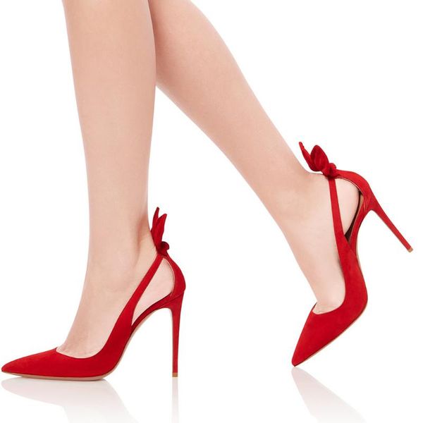 

dress shoes women sandal 2021 summer pointed toe pumps high heels butterfly-knot thin heel suede hollow outs sandalias red wedding, Black