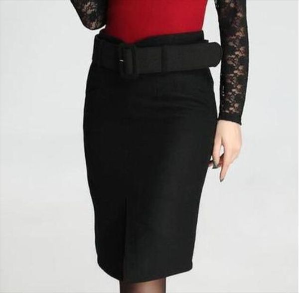 

fashion autumn winter women skirts plus size high waist saias femininas casual woolen midi pencil clothes, Black