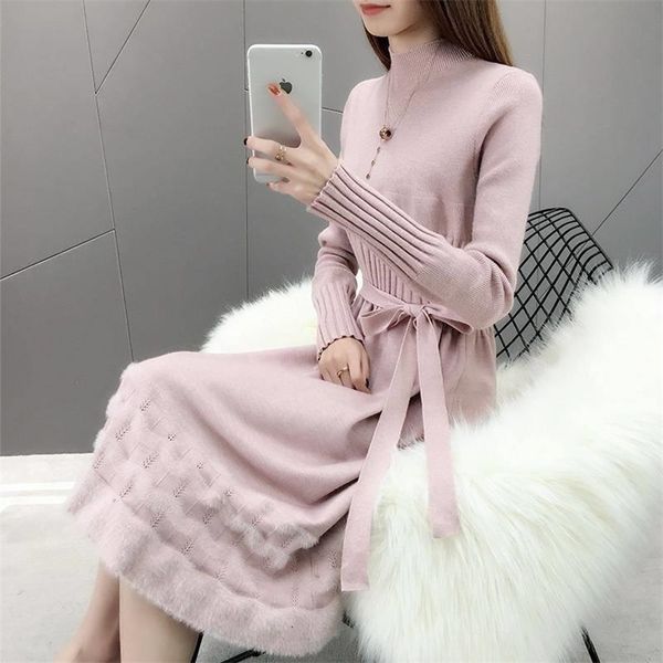 

sweet hem velvet trim knitted dress fall winter women jurken long sleeve turtleneck sashes slim ladies graceful ol sweater 210514, Black;gray