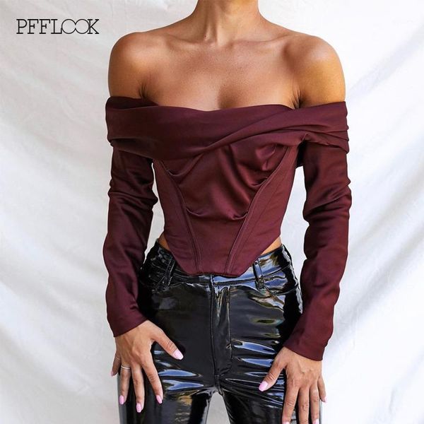 

women's blouses & shirts pfflook off shoulder crop women long sleeves strapless backless solid elegant blouse party fashion autumn, White