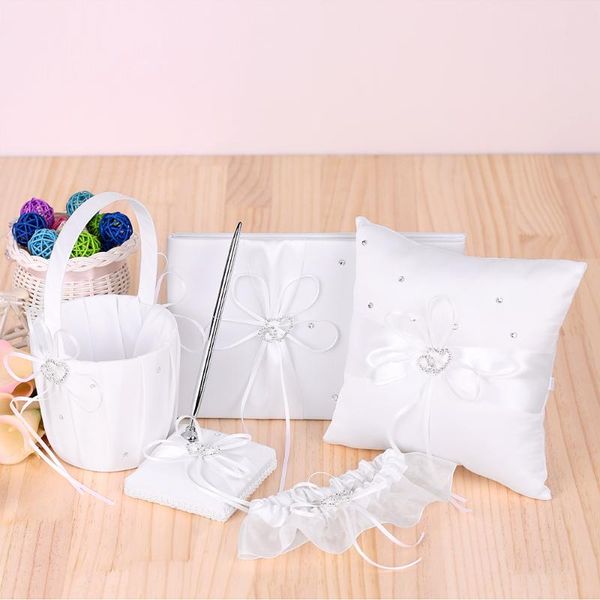 

party decoration 5pcs/set wedding supplies double heart satin flower girl basket ring bearer pillow guest book pen holder bride garter set b