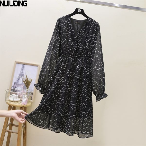 

nijiuding autumn latest high waist v-neck waist slimming printed mid-length chiffon dress ladies small fresh wild plus size 4xl, Black;gray