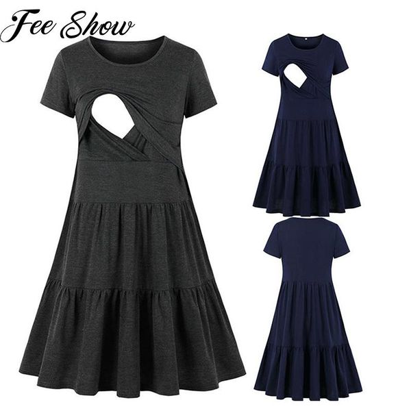 

maternity dresses nursing nightgown pleated dress pregnancy short sleeve breastfeeding clothes for pregnant women sleepwear, White