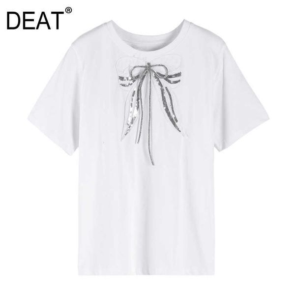 

[deat] summer fashion round neck printing bow tassel short sleeve temperament loose women t-shirt 13c871 210527, White