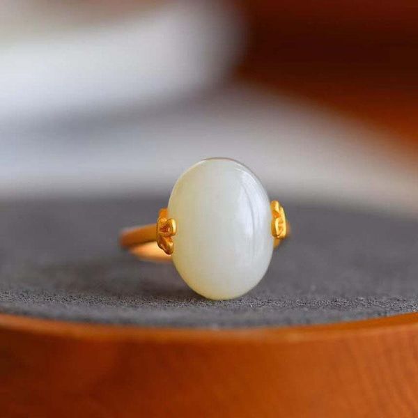 

cluster rings exquisite ancient silver mosaic hetian white egg ring, Golden;silver