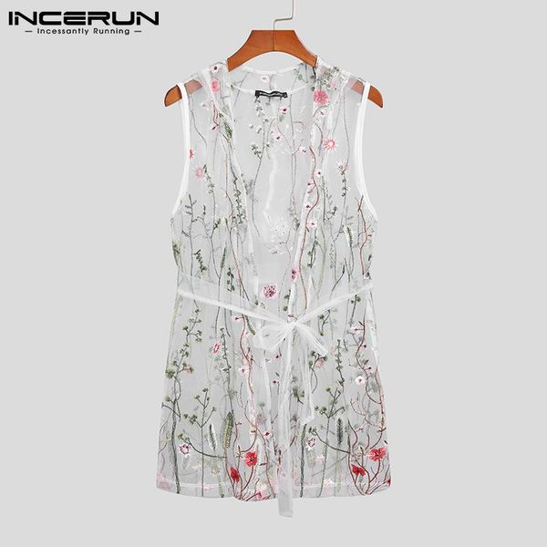 

men' tank men mesh hooded embroidered streetwear sleeveless see through vests 2021 lace up clothing with belt incerun, White;black