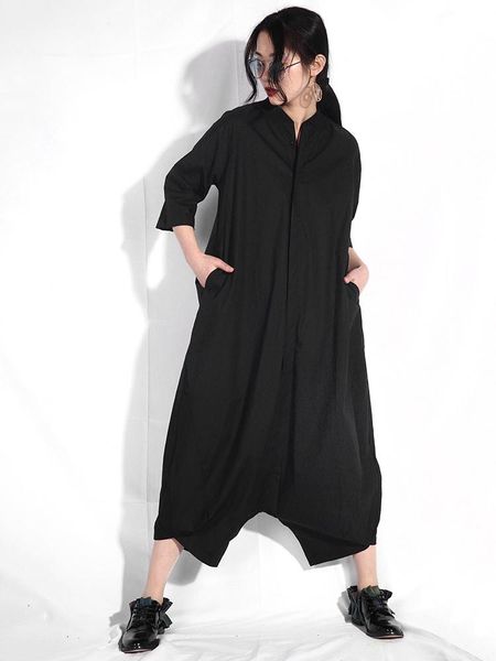 

women's jumpsuits & rompers lanmrem 2021 women summer stand collar pockets half sleeve o-neck jumpsuit female loose big size solid colo, Black;white