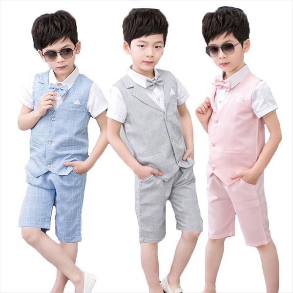 

children 4pcs summer clothing sets boys formal vest shirts shorts bowtie outfits kids prom performance dress suits, White