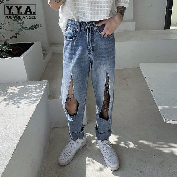 

men's jeans hole design straight mens loose pockets vintage korean style fashion casual high street 2021 summer male pants, Blue