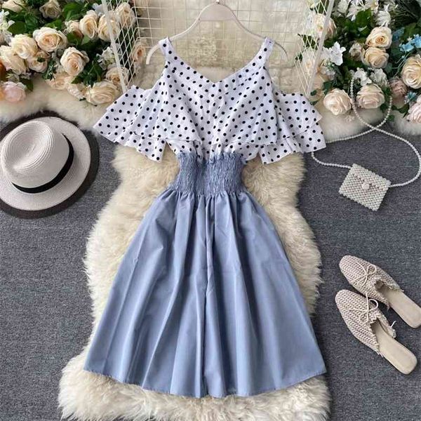 

summer spring patchwork polka dot bow spaghetti strap ruffles women female a-line high waist midi dress 210513, Black;gray