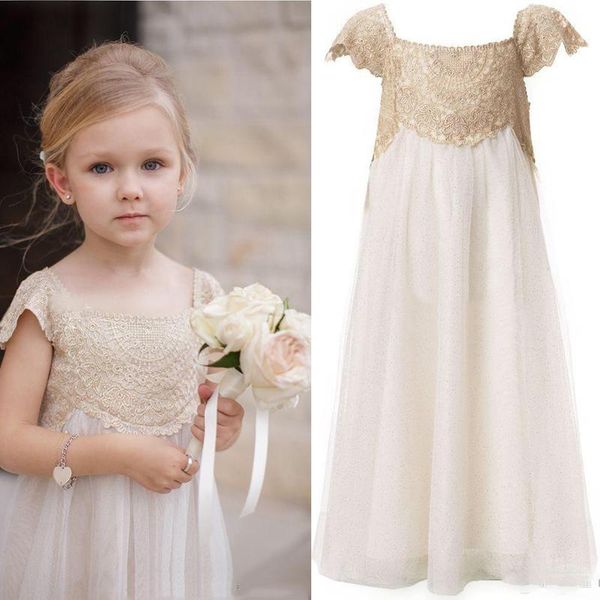 

girl's dresses vintage champagne lace ivory tulle flower girl for weddings empire first communion boho floor length 2021, Red;yellow