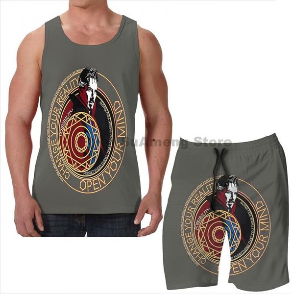 

men's tracksuits summer funny print men tank women dr. strange beach shorts sets fitness vest, Gray