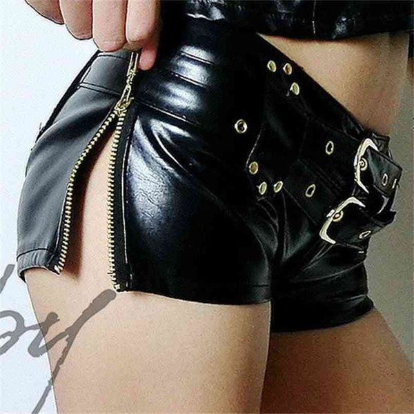 

1pcs faux leather shorts double sashes low rise waist micro mini with zipper open night culb wear fx1035 210714, White;black