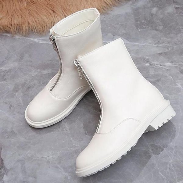 

boots leather women autumn early winter shoes fashion ankle female booties black white botas mujer