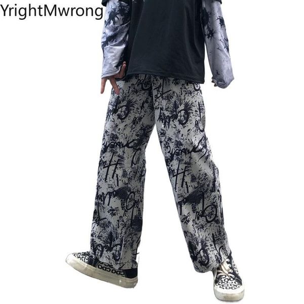 

men's pants elastic high waist loose straight graffiti print pant streetwear fashion trouser summer japanese men hip hop clothing track, Black
