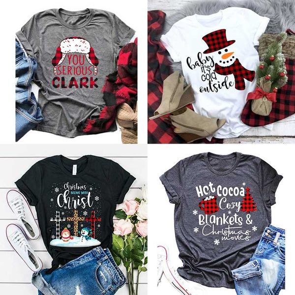 

christmas women's letter pattern hat print round neck short sleeve t-shirt, White