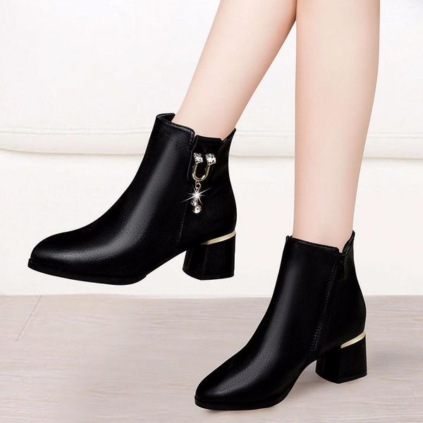 

boots fashion round toe ankle women pumps rhinestone decoration high heel shoes winter zapatillas mujer 2021, Black
