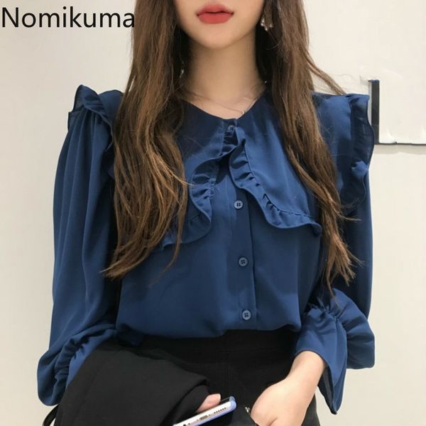 

nomikuma women blouses solid color long sleeve sweet shirts female single breasted peter pan collar korean blusas 3d619 210514, White