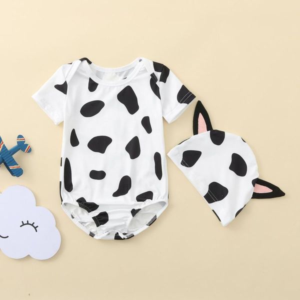 

baby kawaii jumpsuit clothes set infant boy girl short sleeve cartoon dairy cow printed romper bodysuit+hat clothing sets, White