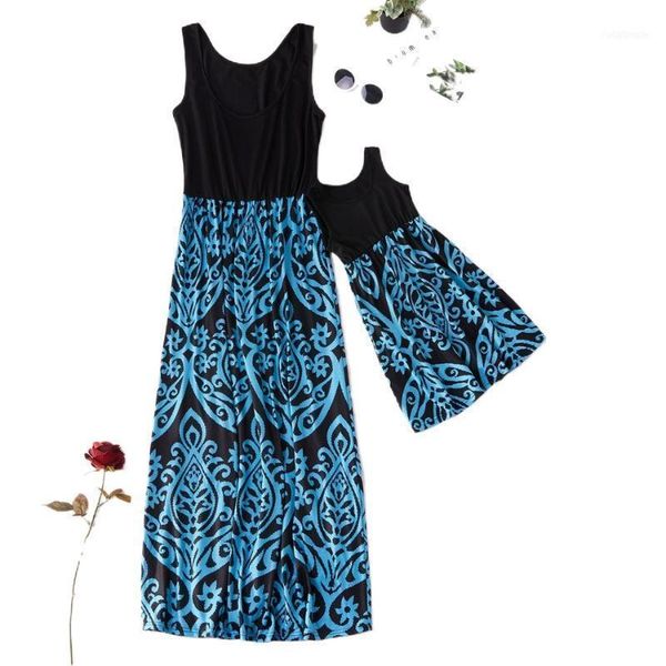 

family matching outfits mom and daughter dress clothes digital printed sleeveless long for mother mommy me1, Blue