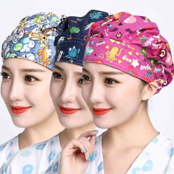 

new cotton operating room hat printing hat sweat-absorbent pet hospital work hat nursing scrubs cap, Blue;gray