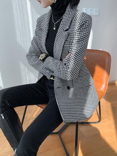 

women's wool & blends houndstooth woolen coat suit jacket ladies 2021 spring korean cusom made loose retro british style, Black