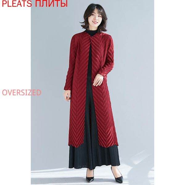 

women's trench coats miyake folds spring retro coat noble thin windbreaker women mid-length, Tan;black