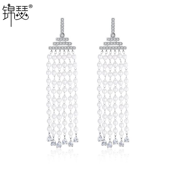 

jewelry charm stud pearl curtain earrings aaa zircon inlaid long tassel present female, Golden