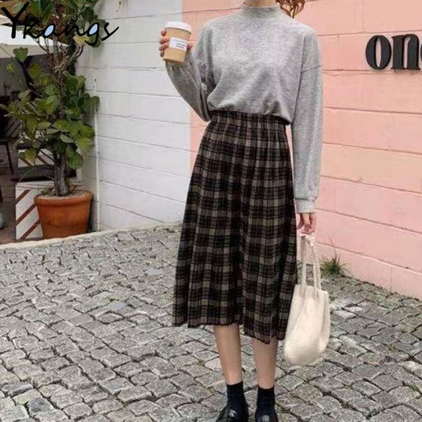 Xadrez Vintage Plissado Longo Saias de Inverno Mulheres Punk Rock Coreano Lã Saia Morosa Plus Size Streetwear Alto Cintura Midi Skirt 210412