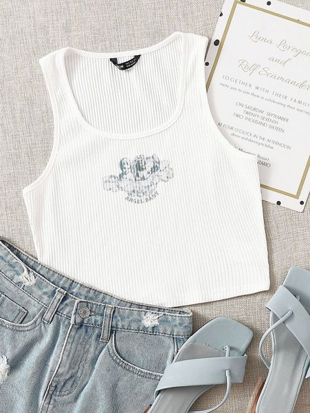

letter and angel print rib-knit tank u4ef#, White