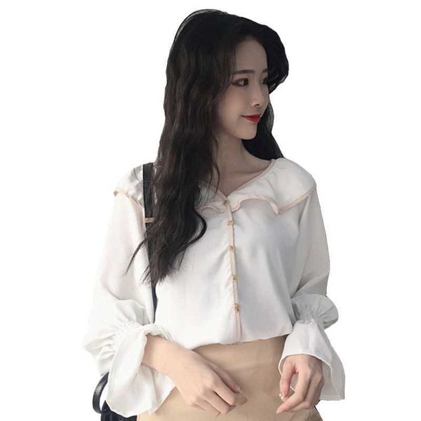 

white blouse flare sleeve chiffon v-neck women and s solid office shirt lady blusas camisa 210601