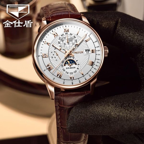 

wristwatches jinshidun brand watch fully automatic mechanical three eye six needle fashion trend men's, Slivery;brown