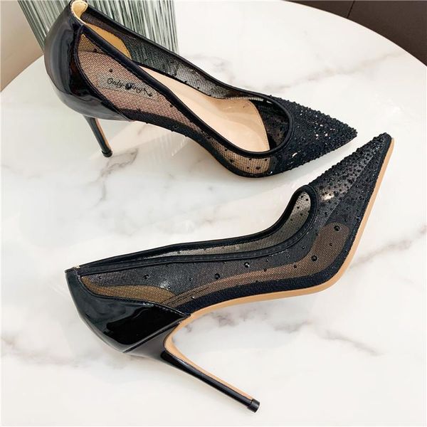 

dress shoes fashion women pumps black mesh crystal point toe high heels bride wedding big size 33-43 12cm 10cm 8cm