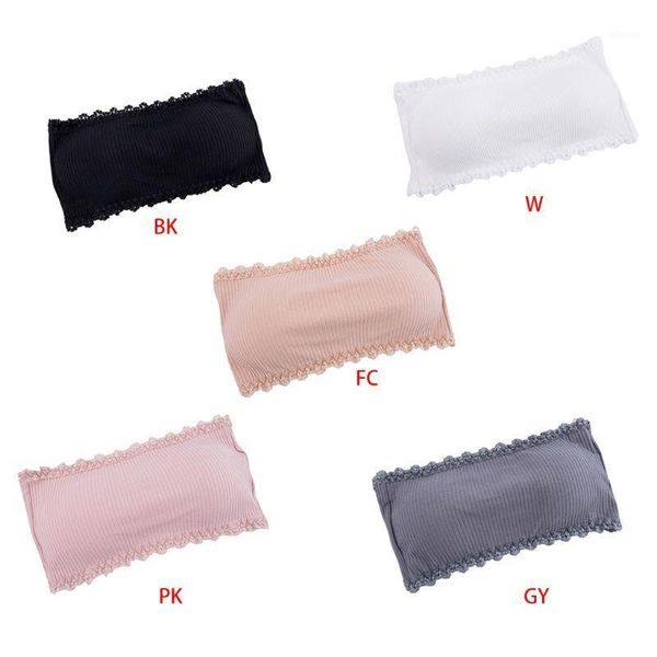 

women girls summer ribbed striped strapless bandeau bra floral lace trim solid color push up bralette adjustable hooks tube bustiers &, Black;white